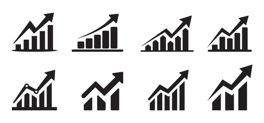 Growth bar graph icon set. Business graphs and charts icons. Statistics and analytics vector icon. Business chart. Financial rise up. Increase profit.