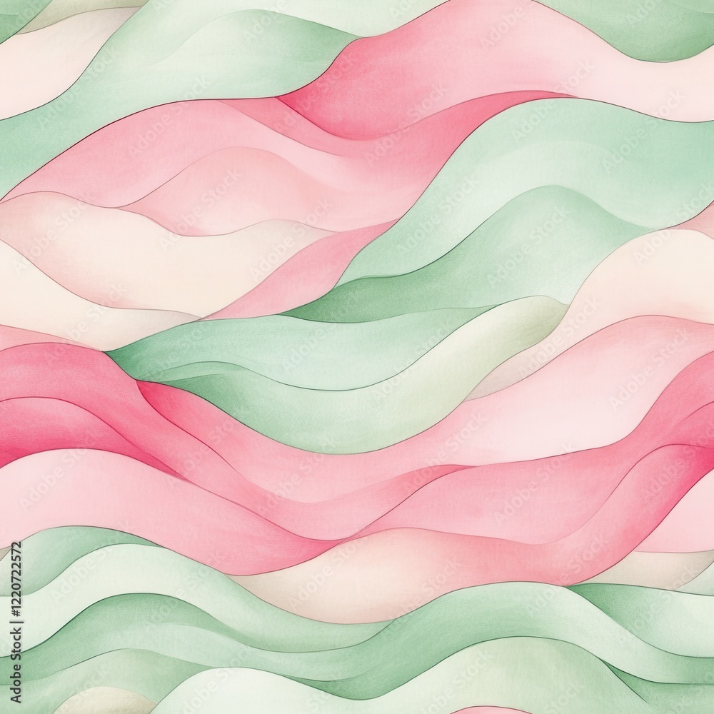 Poster serene watercolor doodle with soft waves of pink and green hues creating a calming atmosphere