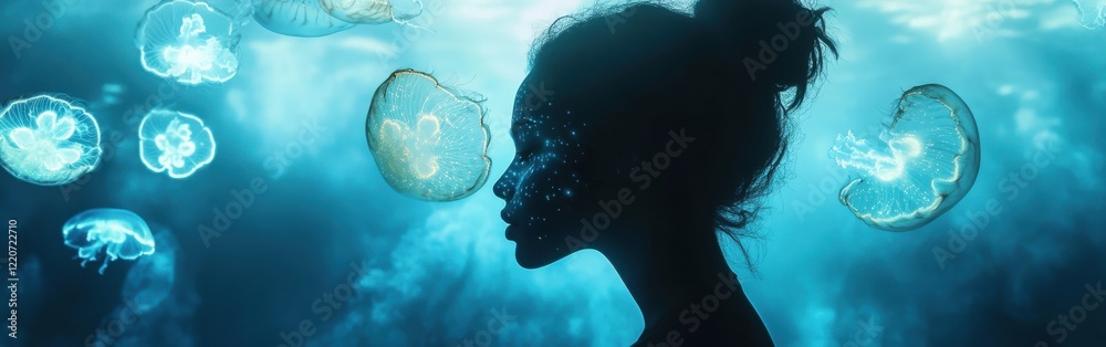 Poster portrait of a woman illuminated by the soft glow of jellyfish in a tranquil underwater environment