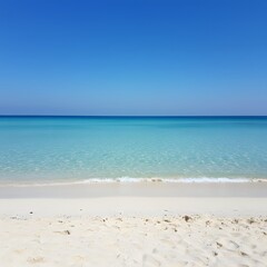 A scenic beach view with a clear sky and a large blank space in the center for text