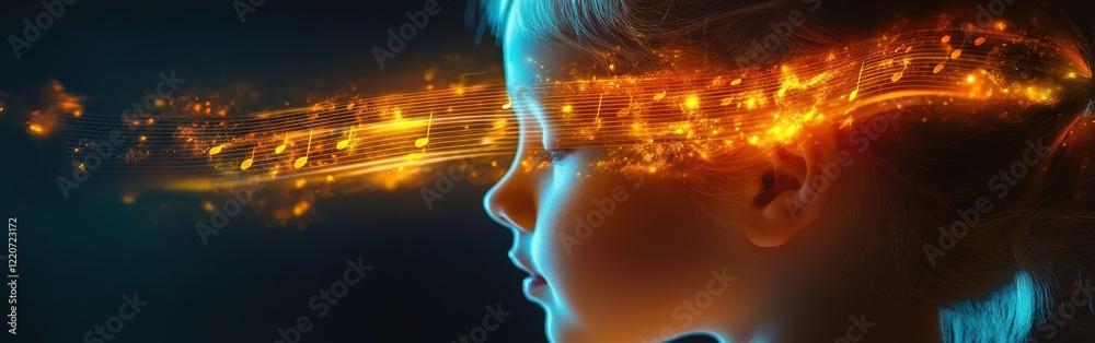 Poster mystical portrayal of a child's profile illuminated by flowing music notes at twilight