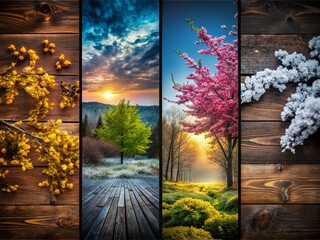 Four Seasons on Dark Wood Wall - High-Resolution Stock Photo