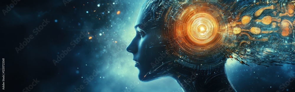 Poster Mystical profile of a man with an intricate cosmic background showcasing the fusion of technology and nature