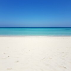Fototapeta premium A scenic beach view with a clear sky and a large blank space in the center for text
