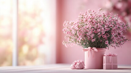 Romantic floral gift arrangement with pink flower bouquet and wrapped presents