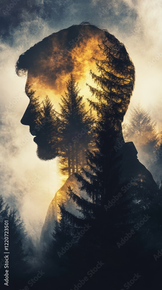 Aufkleber mystical profile of a man intertwined with trees and golden light in a serene forest