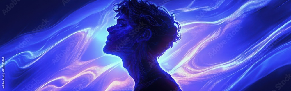 Poster mystical profile of a man surrounded by vibrant flowing colors in an otherworldly space