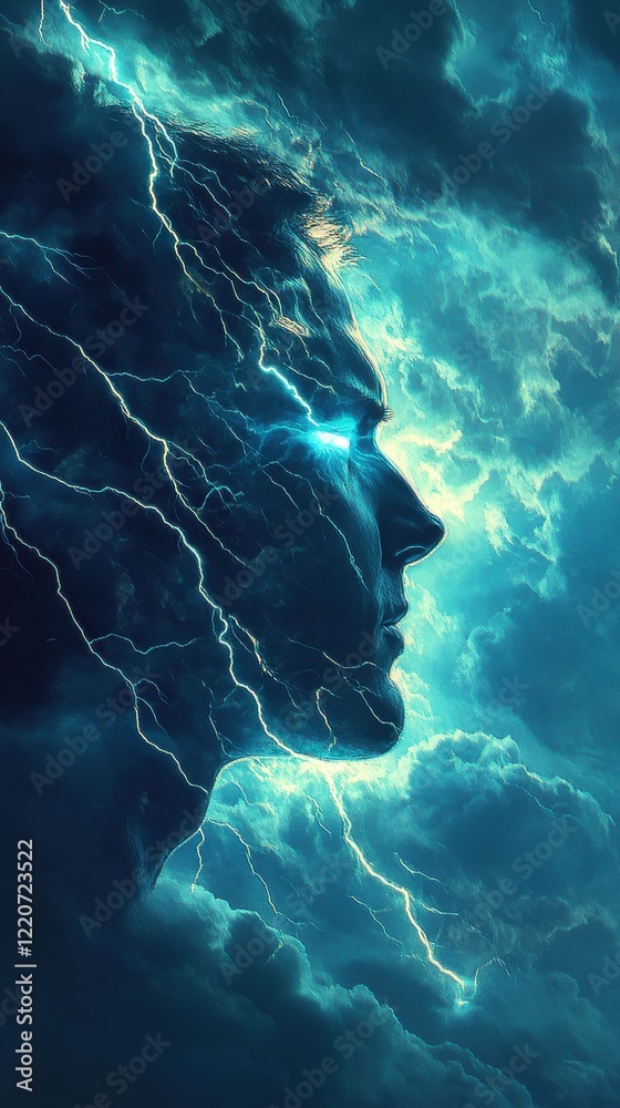 Poster mystical profile of a man illuminated by lightning in a stormy sky