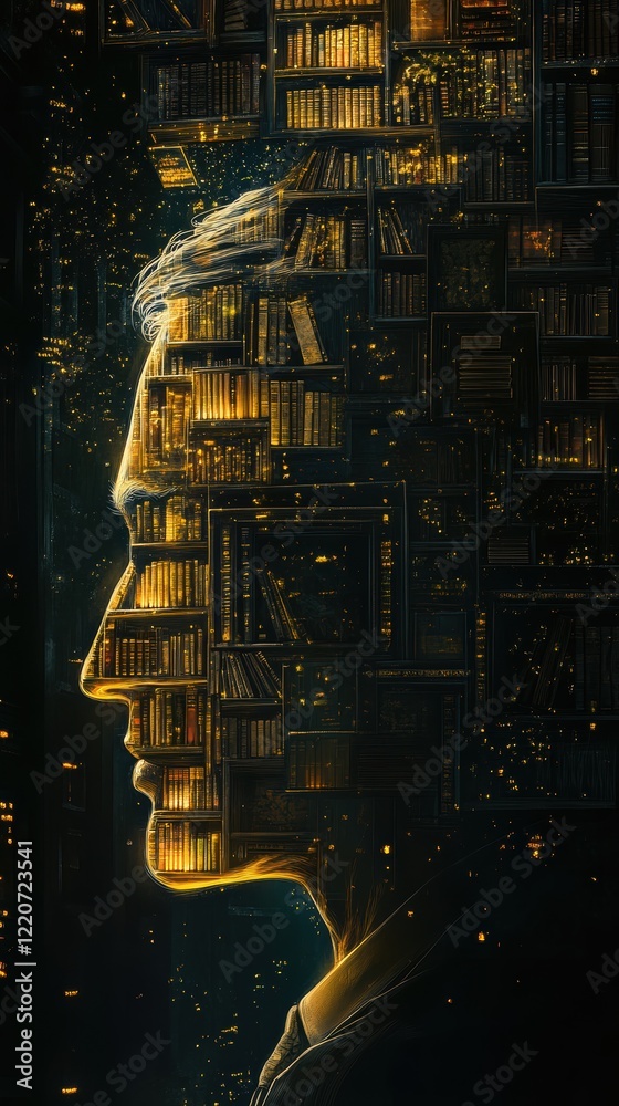 Poster Mystical profile filled with books showcasing knowledge and imagination in a surreal library setting