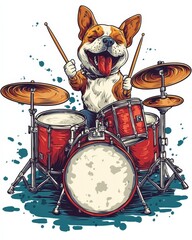 Energetic Dog Playing Drums in a Vibrant and Colorful Cartoon Style Illustration