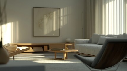 Fototapeta premium Minimalist interior design featuring clean white aesthetics and natural light in a cozy living space