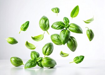Fresh Basil Leaves Floating, Culinary Herb Ingredient Banner, Food Photography, Cooking Spice, Green Leaves