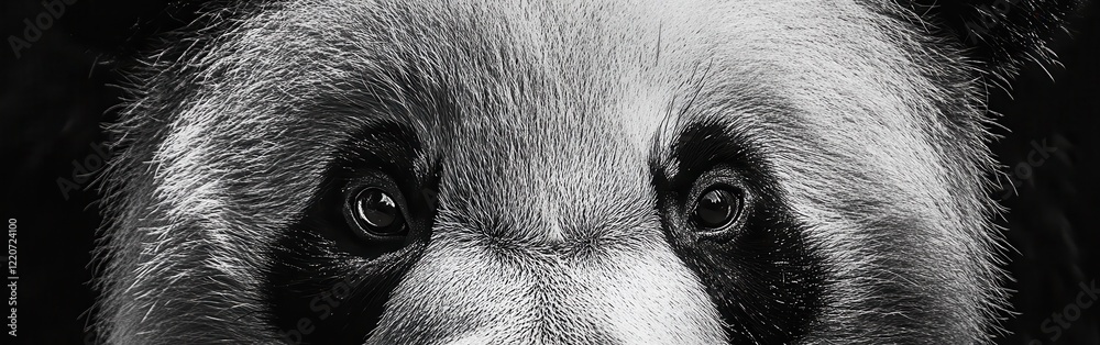 Poster close-up view of a panda's face showcasing its distinct features and expressive eyes in natural habi
