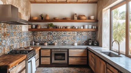 Stylish kitchen featuring handmade wooden shelves and colorful tile backsplash in a sunny, inviting space