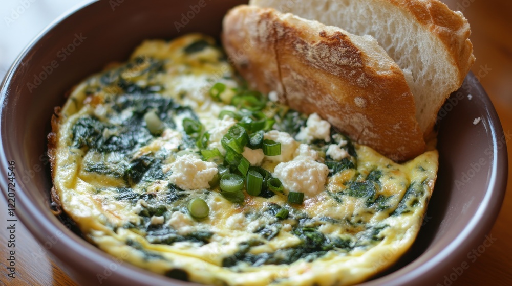 Poster fresh spinach frittata served with crusty bread in a cozy cafe setting