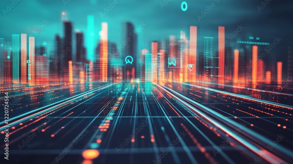 Leinwandbilder dynamic double exposure of glowing cityscape with vibrant data visualization elements during twiligh