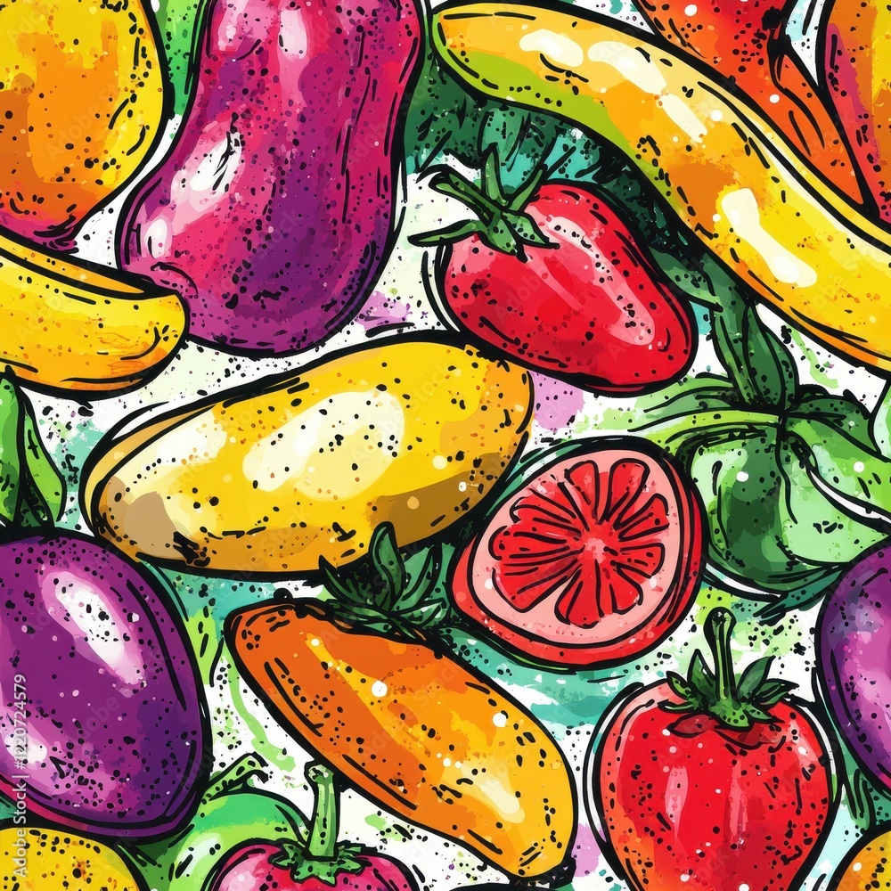 Poster Vibrant watercolor doodle of colorful fruits and vegetables on a white background creating a dynamic and cheerful pattern