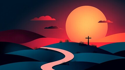 Modern Bible verses, Serene Sunrise Landscape with Cross Silhouette and Winding Pathway near Rolling Hills and Dramatic Clouds in a Colorful Artistic Style
