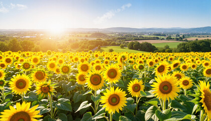 Fototapeta premium Vibrant sunflower fields blooming in rural countryside, summer beauty
