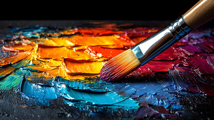 Fototapeta premium Artist's brush strokes vibrant oil paint on dark palette