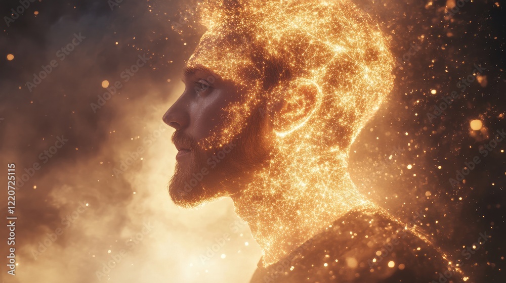 Leinwandbilder Conceptual visualization of a man's profile surrounded by shimmering particles of light at twilight