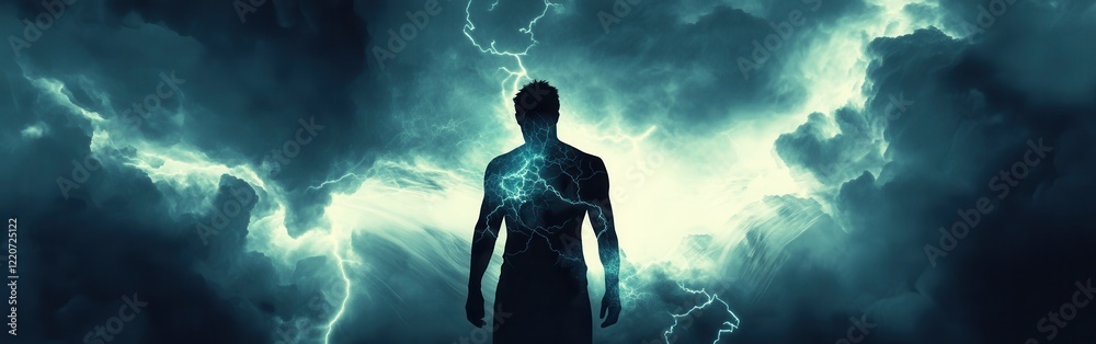 Poster glowing figure stands against a backdrop of stormy skies and lightning in a powerful display of ener