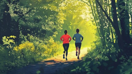 Fototapeta premium Couple jogging along a serene forest trail surrounded by vibrant greenery in the early morning light