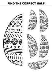 Half of egg. Find the correct half of egg. Educational black and white game for kids. Activity for kids. Isolated vector illustration eps 10
