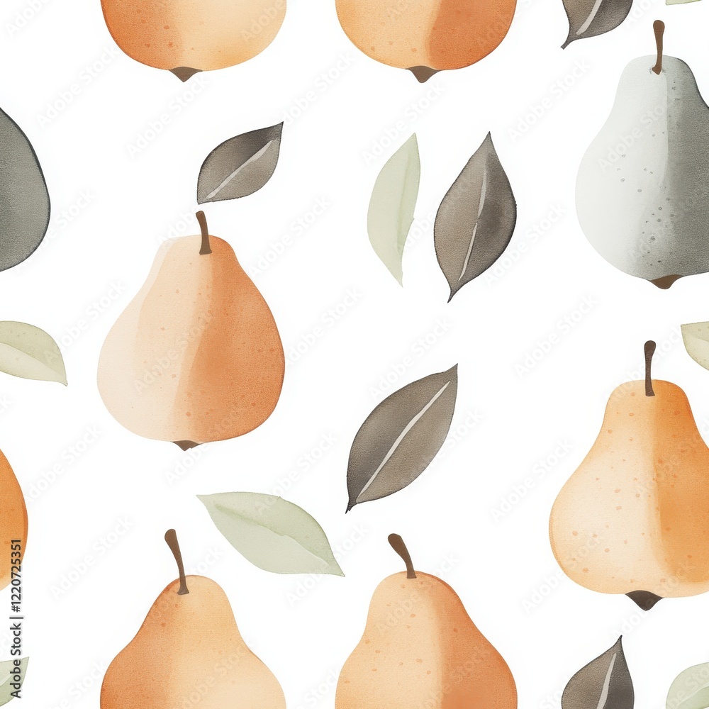Poster calming watercolor doodles of pears and leaves create a soothing atmosphere in a whimsical pattern