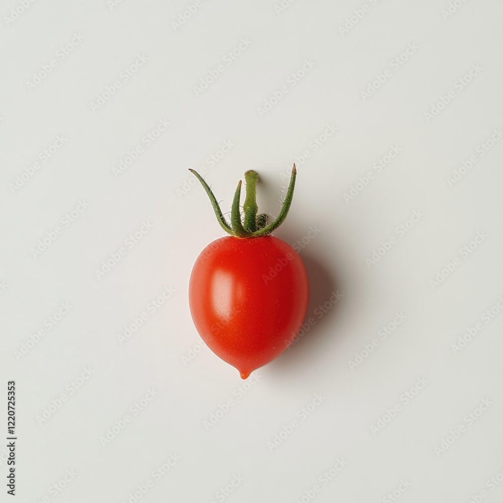 Poster bright red cherry tomato with fresh green stem resting on a white surface showcasing its vibrant col