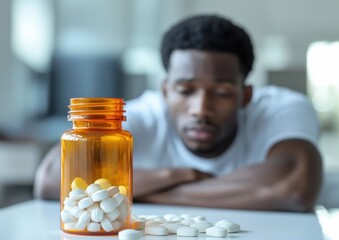 Close-up of a bottle of pills and in the background a sad and worried young man with bokeh effect. Concept of depression, sadness, mental illness.