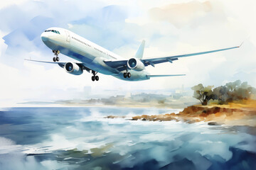 Fototapeta premium A top view of a passenger airplane flying over coastline shore in watercolour technique 