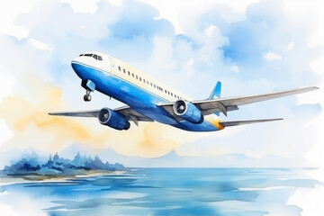 A top view of a passenger airplane flying over coastline shore in watercolour technique 