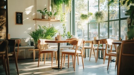 Obraz premium A modern cafe interior with stylish furniture, hanging plants, and natural light