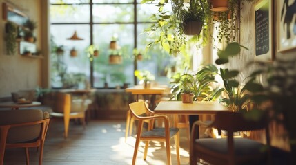 A modern cafe interior with stylish furniture, hanging plants, and natural light