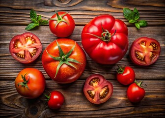 Fresh Juicy Tomatoes: Top View of Whole & Quartered Tomatoes