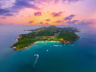 Koh Larn island with turquoise sea, Pattaya Thailand, sunset time Aerial view