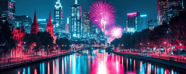 Fototapeta premium A vibrant night scene of a city skyline illuminated by colorful fireworks, reflecting on a river, showcasing urban beauty and celebration.