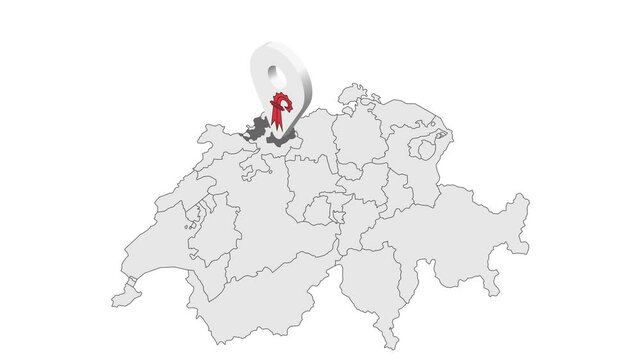Location Canton of Basel-Landschaft on map Switzerland. 3d Basel-Landschaft Canton  flag map marker location pin. Map of Switzerland showing different parts. Switzerland. 4K.  Animated Video