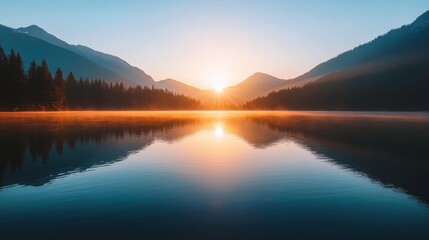 Fototapeta premium Serene Sunset Reflections on a Calm Lake