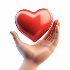 3D Hand Holding a Red Heart on White Background