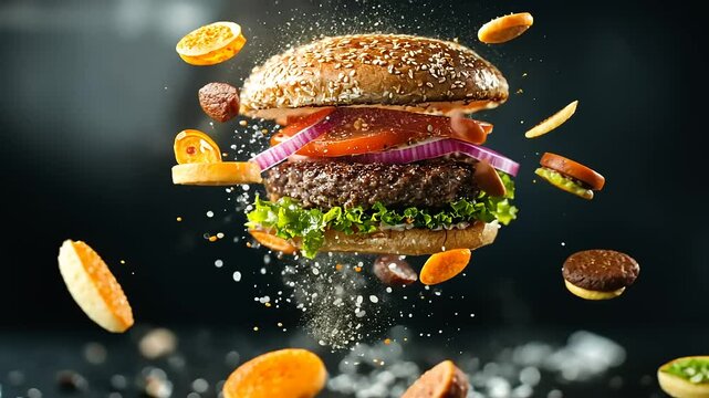 Delicious Juicy Burger in mid-air with flying ingredients.  A mouthwatering image of a gourmet burger with sesame bun, beef patty, lettuce, tomato, red onion, and various other toppings.