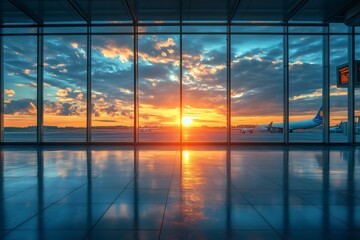 Fototapeta premium Stunning sunset reflecting on airport terminal floor with airplanes outside