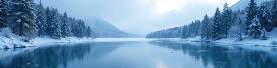 Fototapeta premium Frozen lake reflects the towering evergreen trees, ice, nature