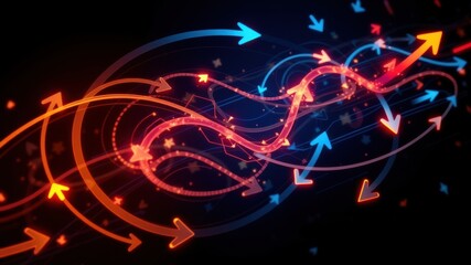 Obraz premium A dynamic abstract image featuring swirling arrows in vibrant red and blue, symbolizing movement and energy.