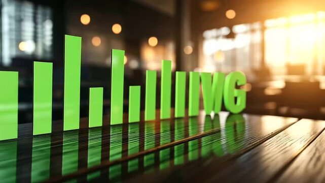 A candlestick chart with green upward trends and strong volume bars displayed on a trader's screen, with blurred office decor in the background.