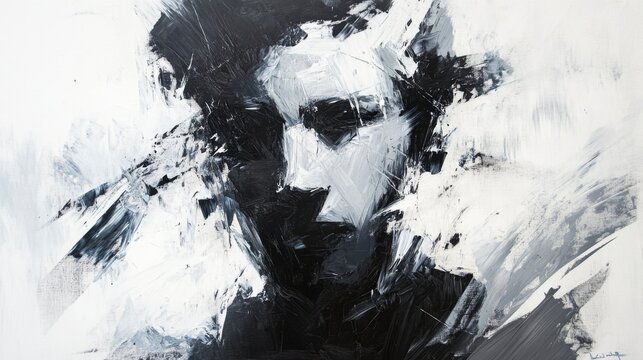 A monochromatic abstract portrait created with jagged brushstrokes and dynamic contrasts