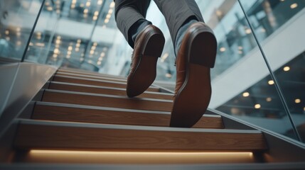 A Person's Feet in Brown Shoes Ascending Modern Stairs in an Office Building