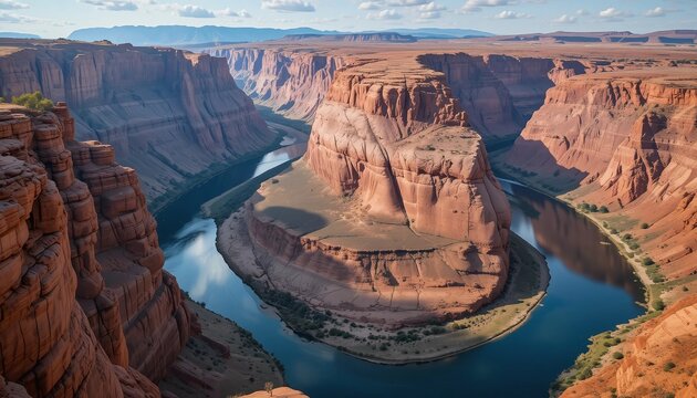Dramatic grand canyon with a river winding through it