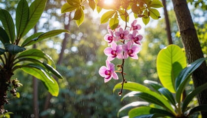 Cascading orchids in tropical rainforest, beauty of nature